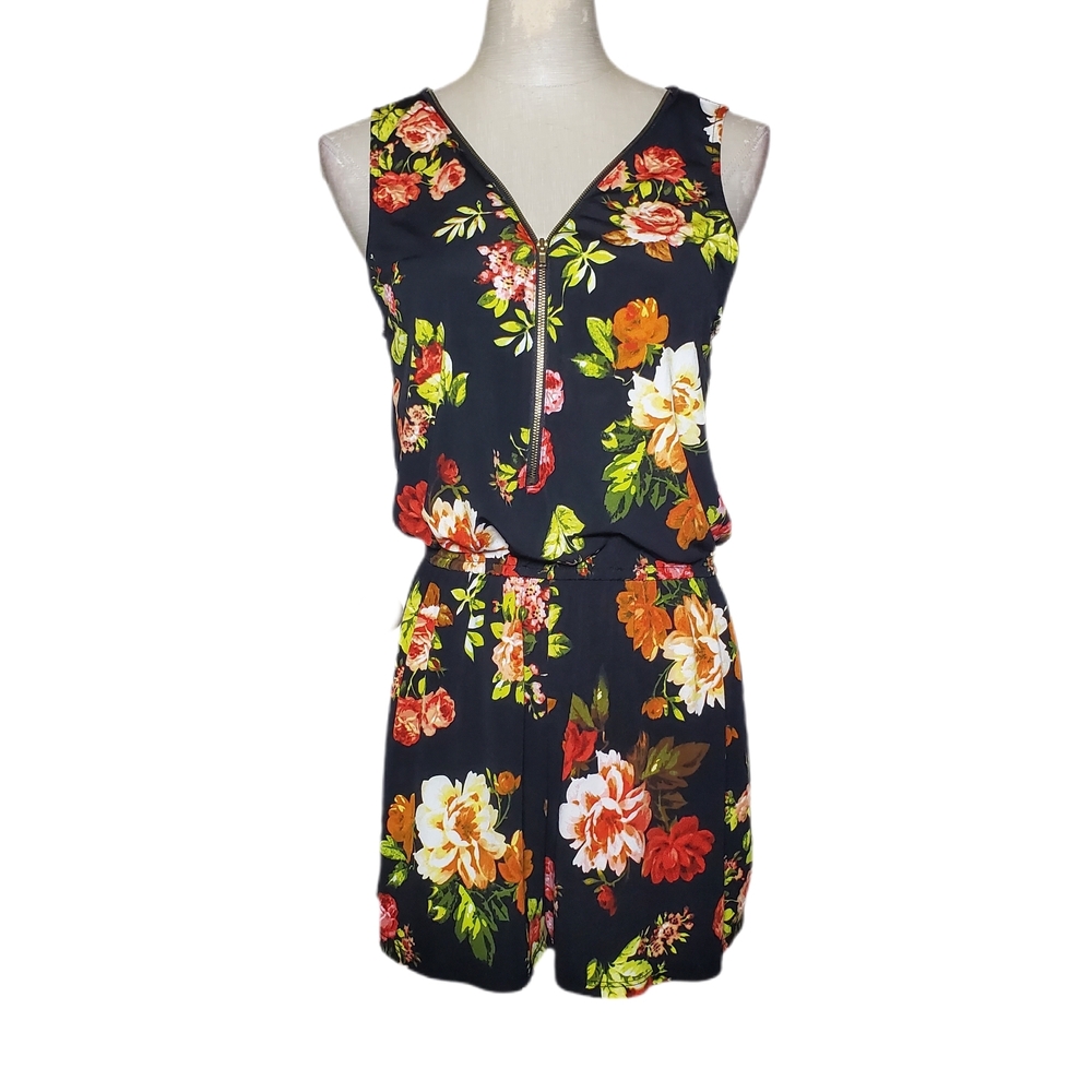 Ambiance Black Floral Sleeveless Romper Sz M